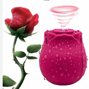 A rose and a pink vibrating rose-shaped massager.