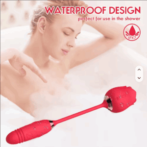 Waterproof red back scrubber with long handle for shower use.