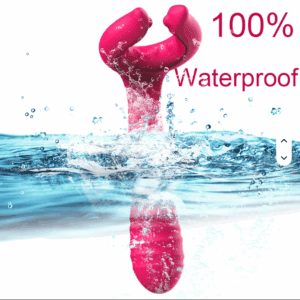 Bright pink waterproof device submerged in water, labeled 100% waterproof.