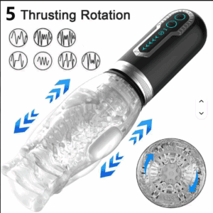 Electric male masturbator with rotating and thrusting features.