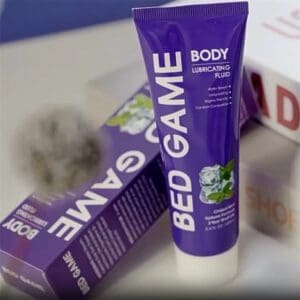 Purple tube of Bed Game Body Gel with mint on label.