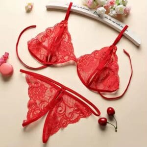 Red lace lingerie set with floral details on a hanger.