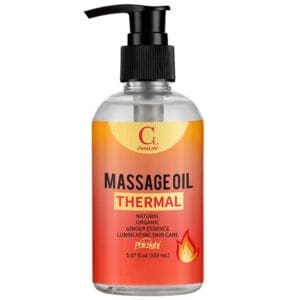 A bottle of thermal massage oil with a pump dispenser.