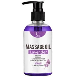 Lavender-scented massage oil in a pump bottle.