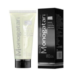Monogatari skincare product with tube and black box packaging.