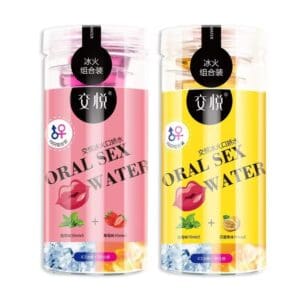 Two colorful pouches of oral sex water with fruity flavors.