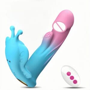 A blue and pink silicone vibrator with a remote control on a white background.