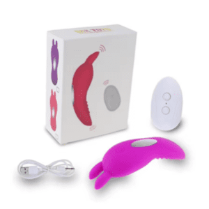 Purple rabbit vibrator with remote control and charging cable.