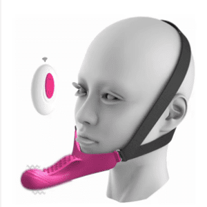 A facial exercise device with straps and a remote control.